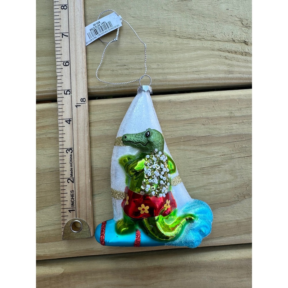 Whimsical Alligator Windsurfer Glass Blown Christmas Tree Ornament With Tag